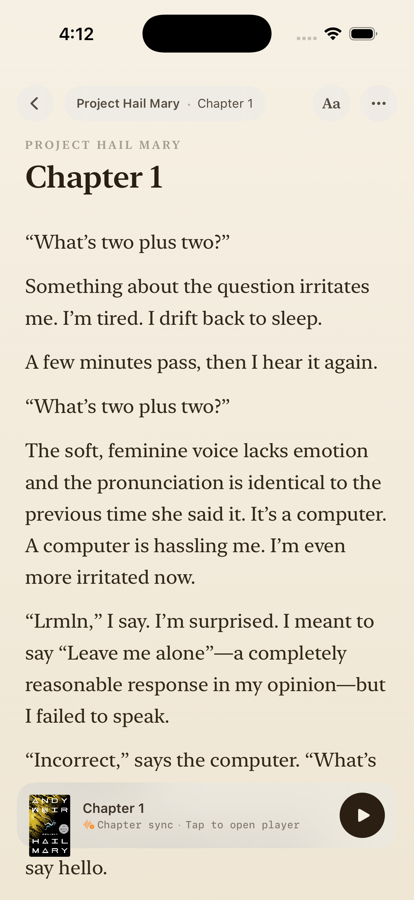 Tandem reader showing a book with mini-player dock
